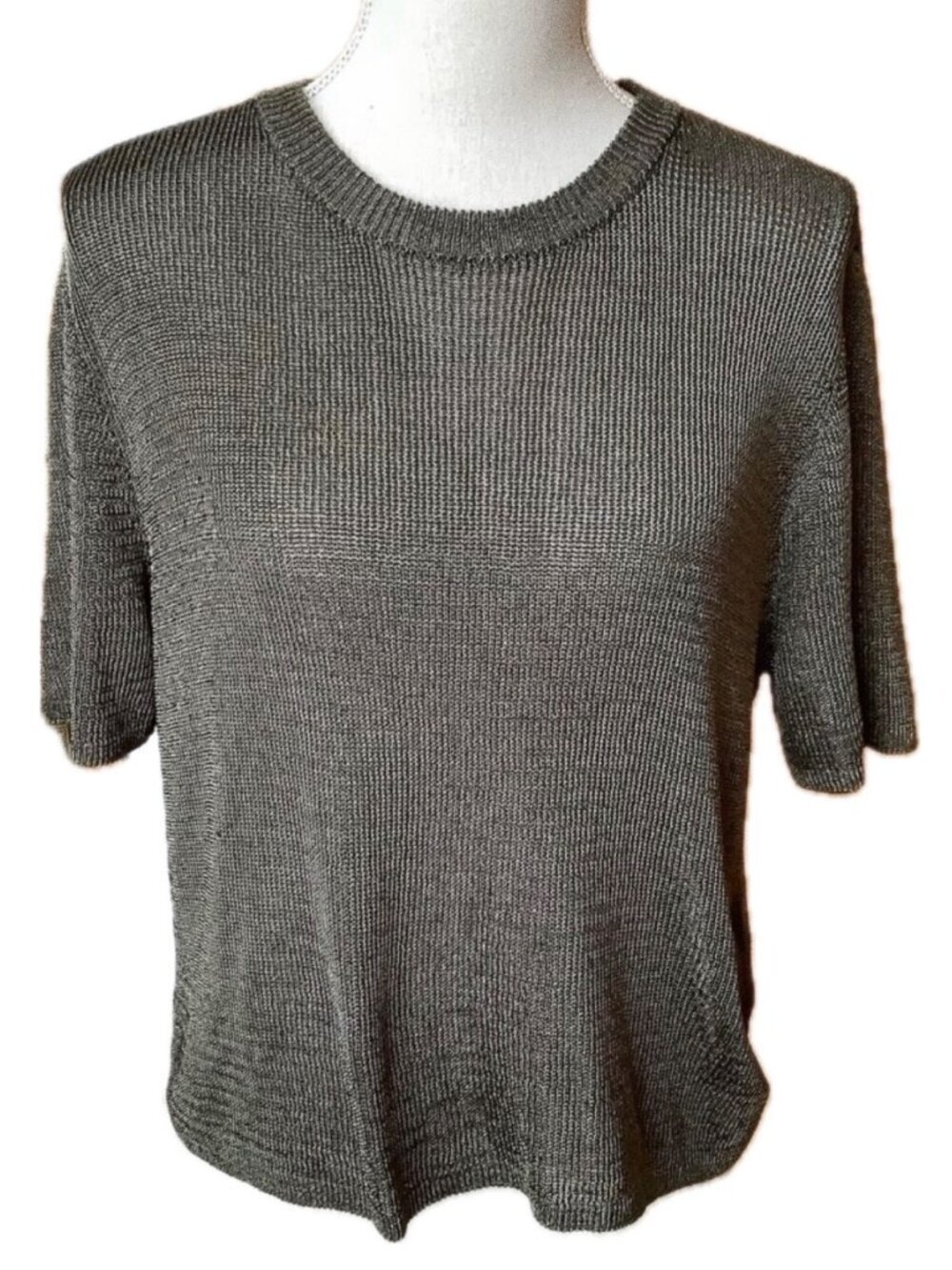 H&M Khaki Green Metallic Knit Top Elbow Sleeve Shimmer Boxy Sweater M